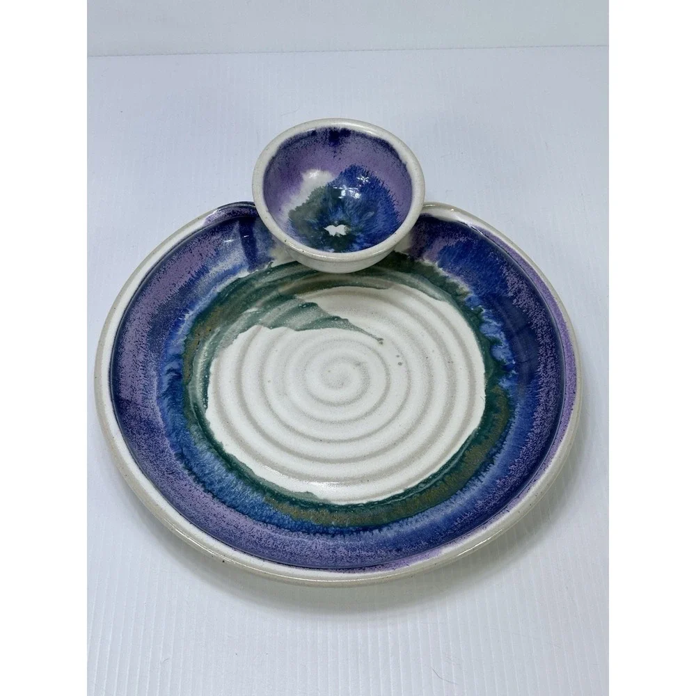 Sturbridge Pottery Handmade Chip & Dip Bowl Purple Blue Green Glaze